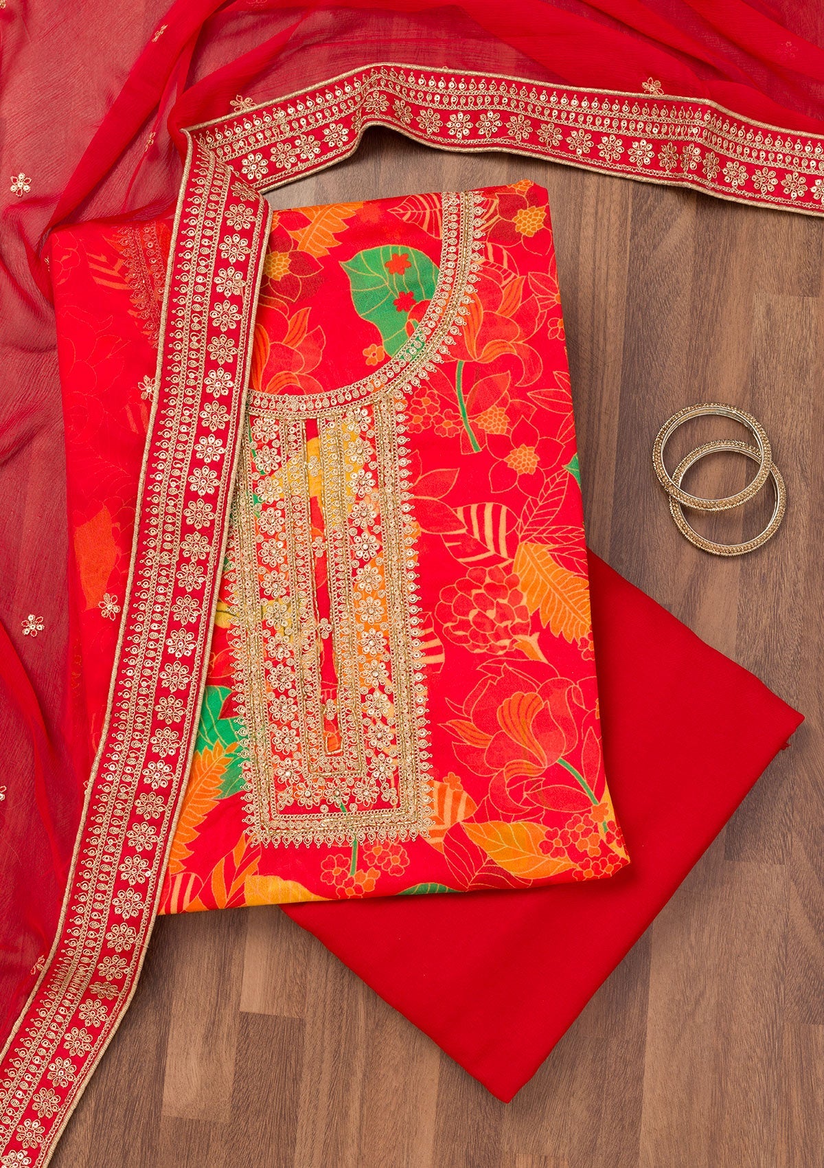 Red Printed Chiffon Unstitched Salwar Suit