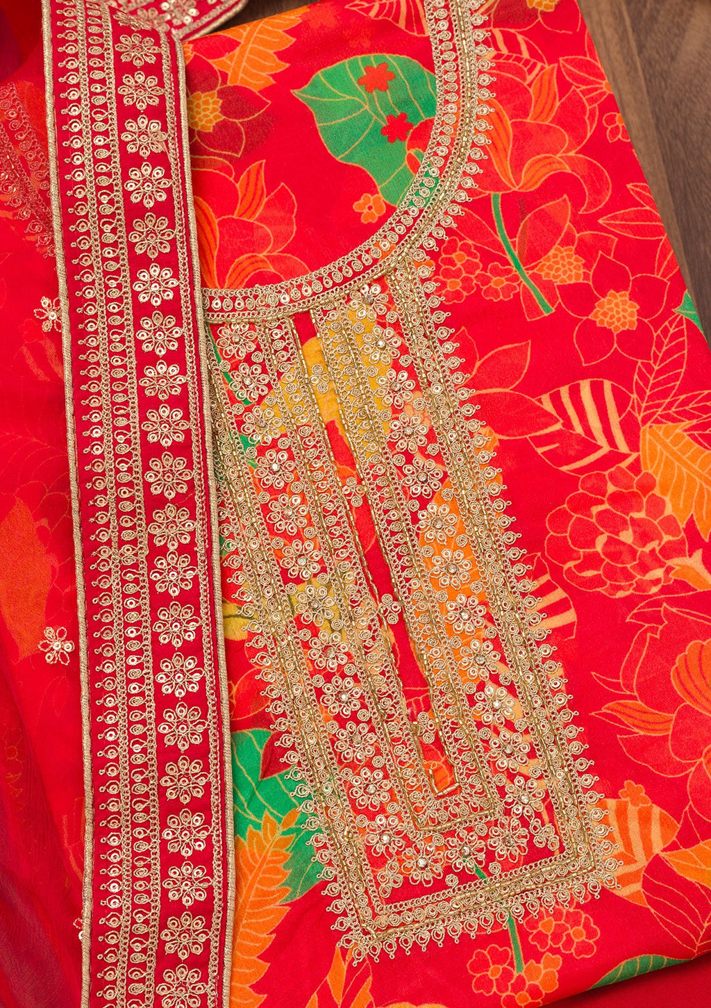 Red Printed Chiffon Unstitched Salwar Suit