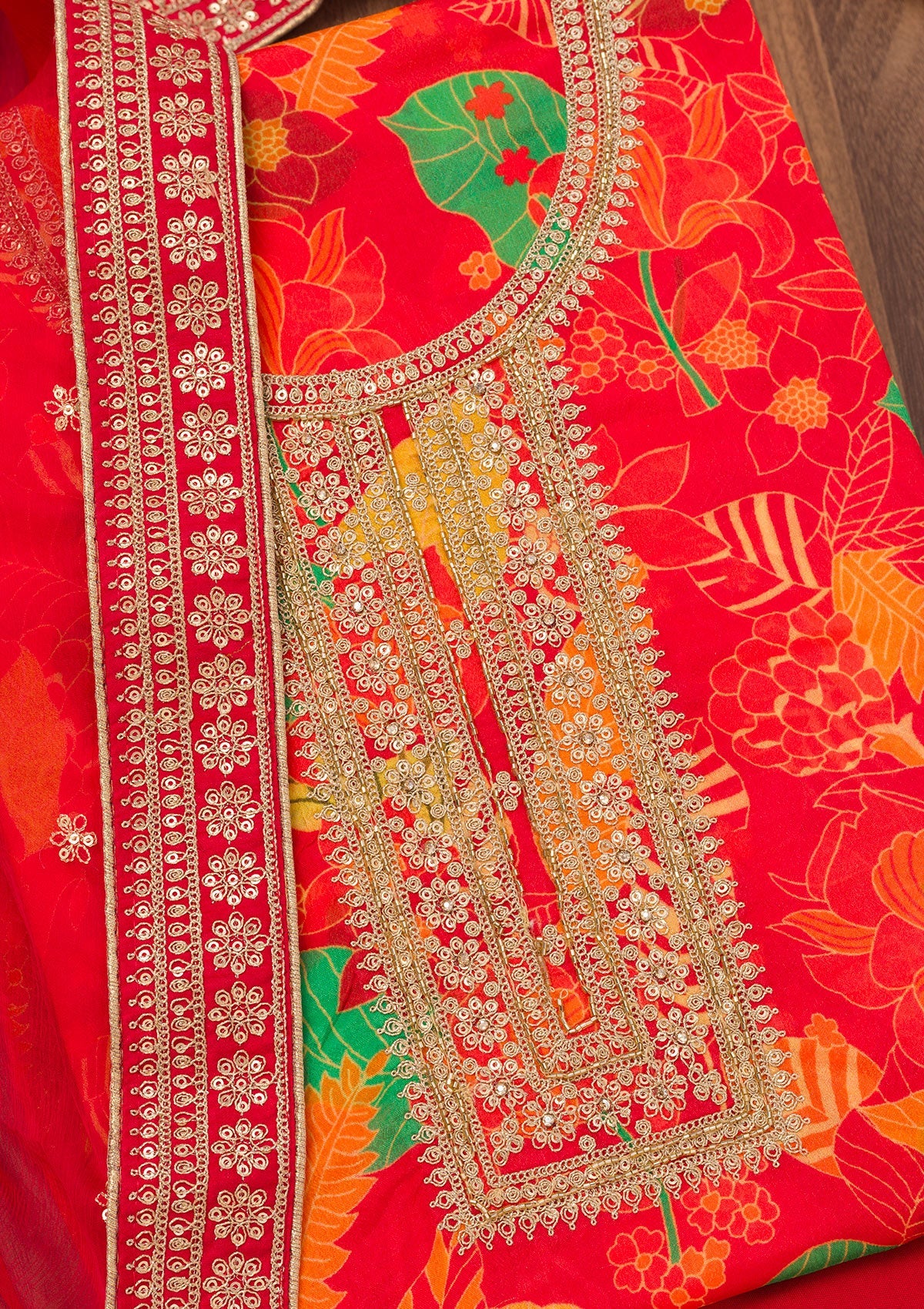 Red Printed Chiffon Unstitched Salwar Suit