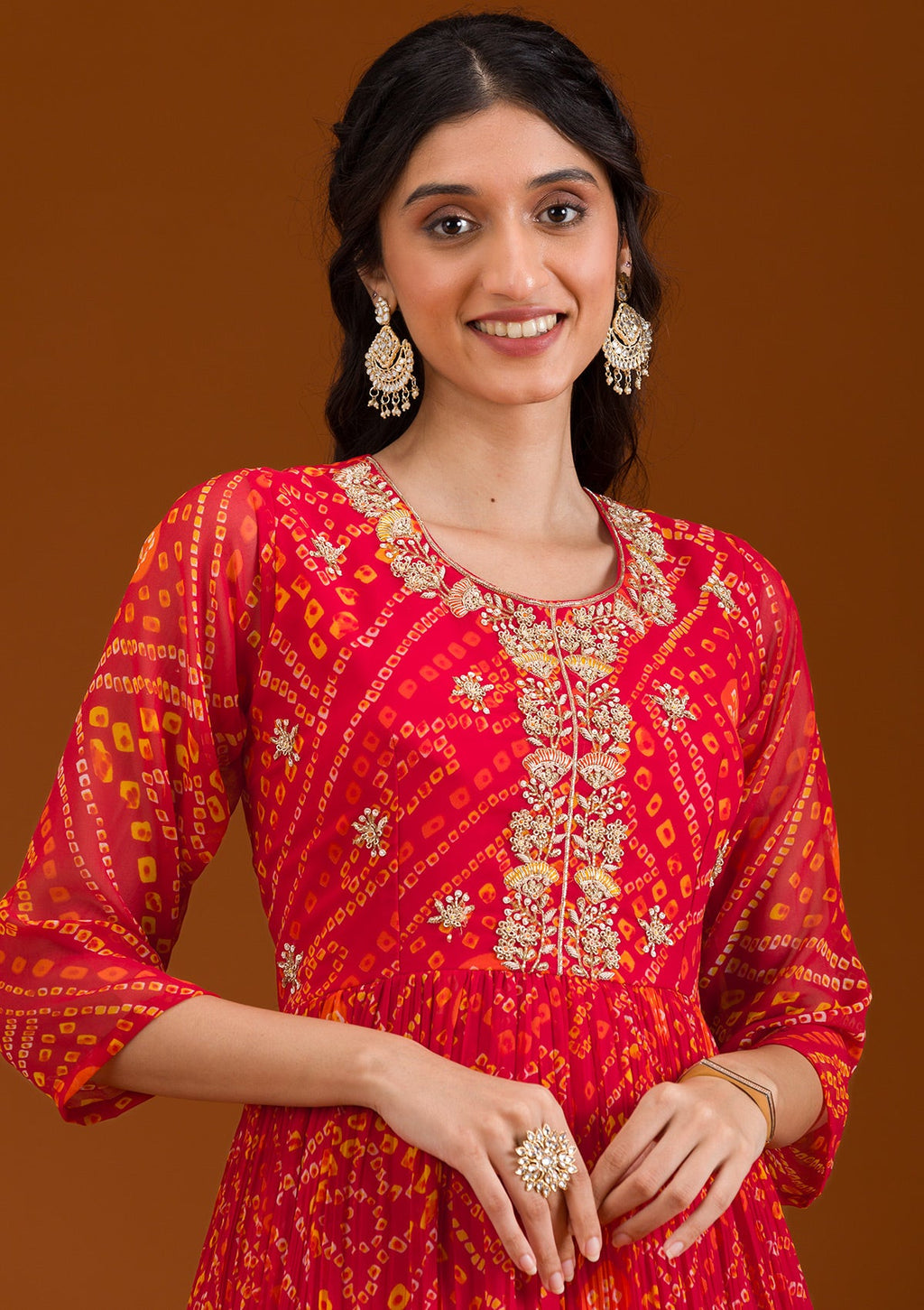 Red Printed Georgette Readymade Salwar Suit