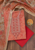 Red Printed Raw Silk Unstitched Salwar Suit
