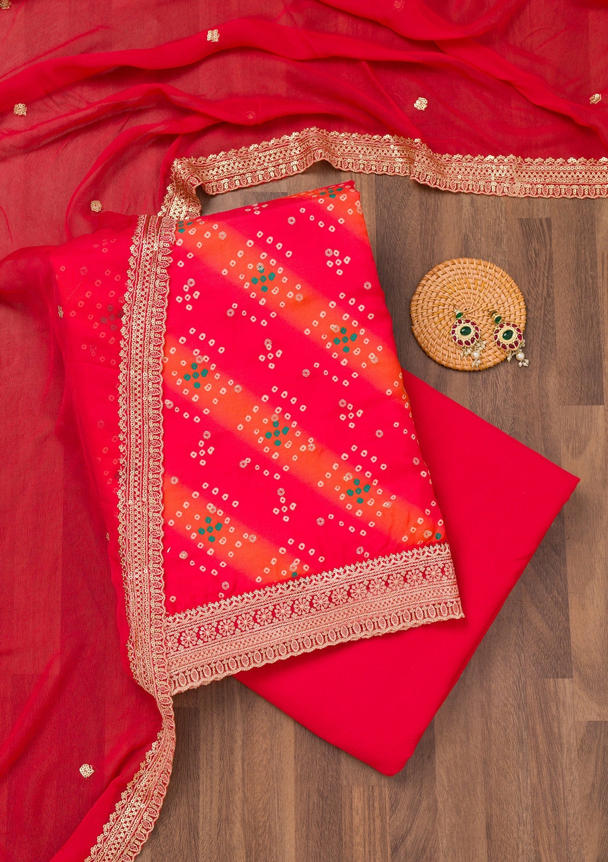 Red Printed Tissue Unstitched Salwar Suit