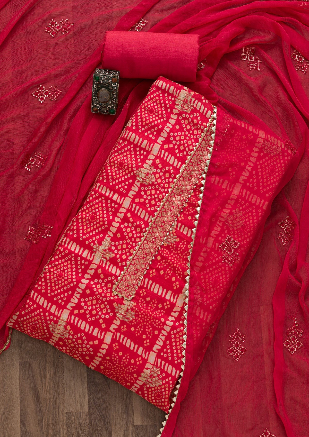 Red Bandhani Semi Crepe Unstitched Salwar Suit