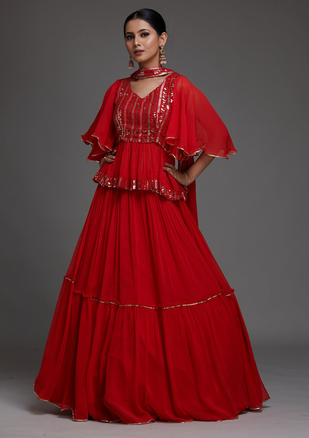 Red Sequins Georgette Readymade Lehenga