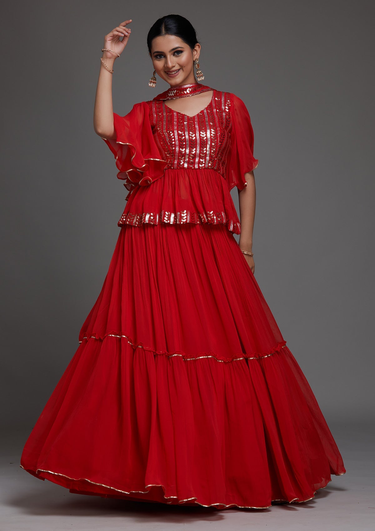 Red Sequins Georgette Readymade Lehenga