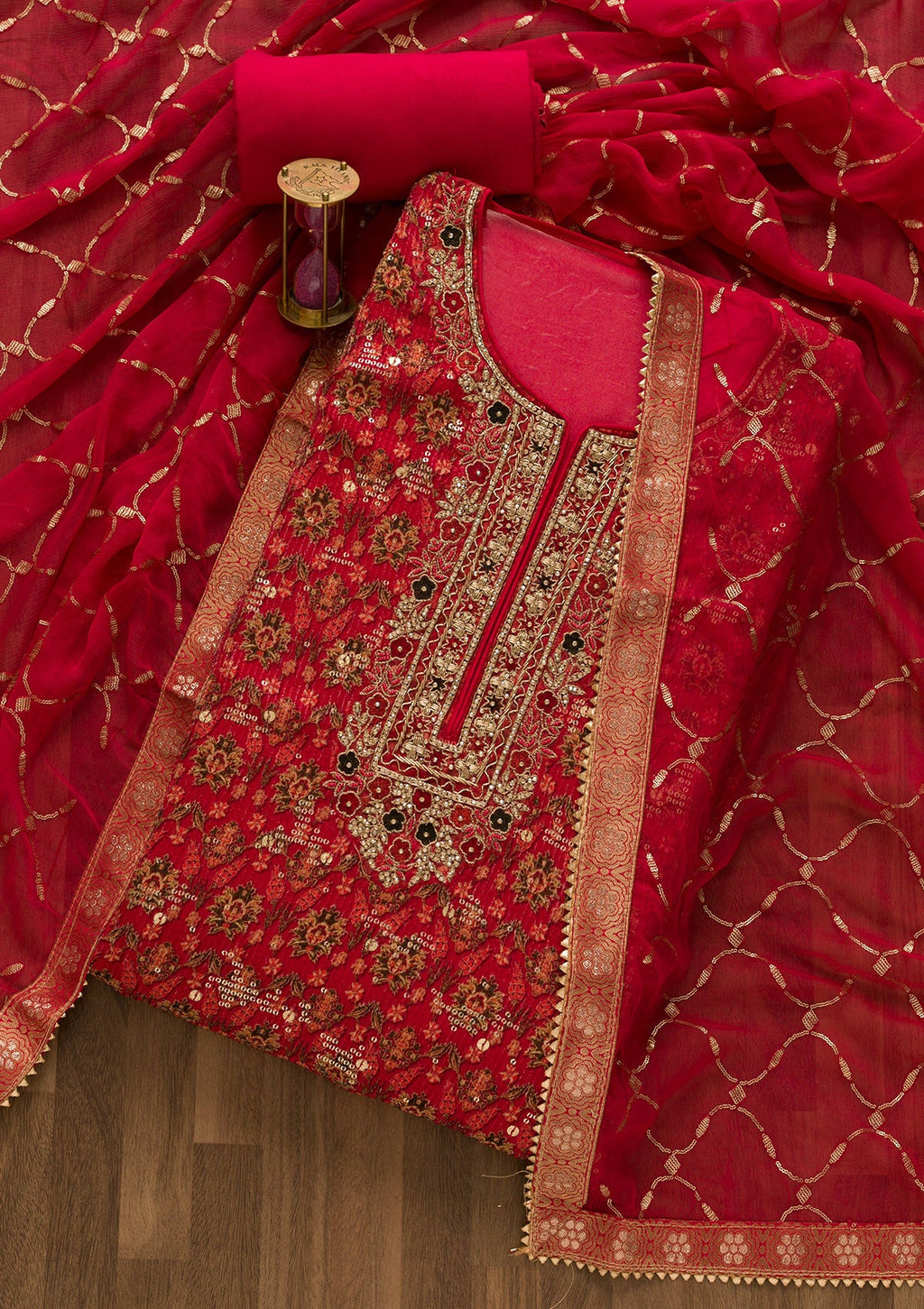 Red Sequins Georgette Unstitched Salwar Suit