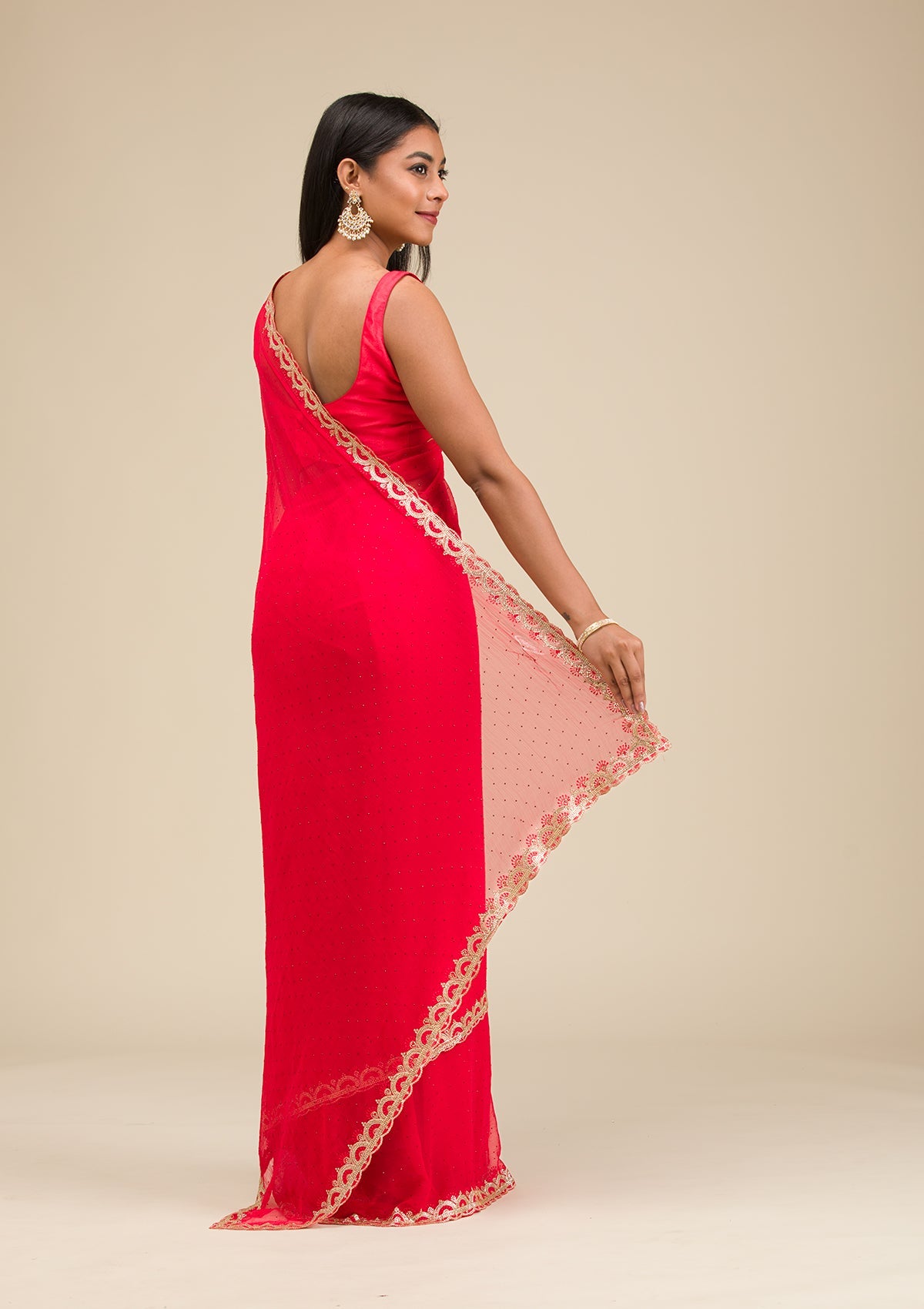 Red Silver Stonework Chiffon Saree