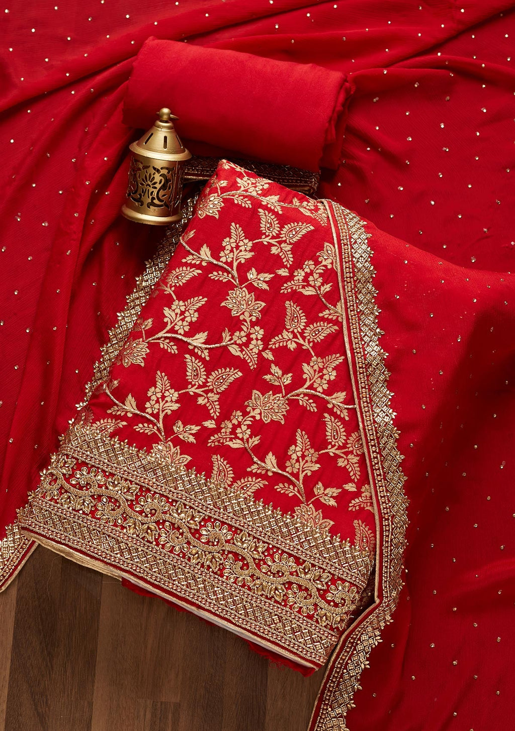 Red Stonework Chanderi Unstitched Salwar Suit