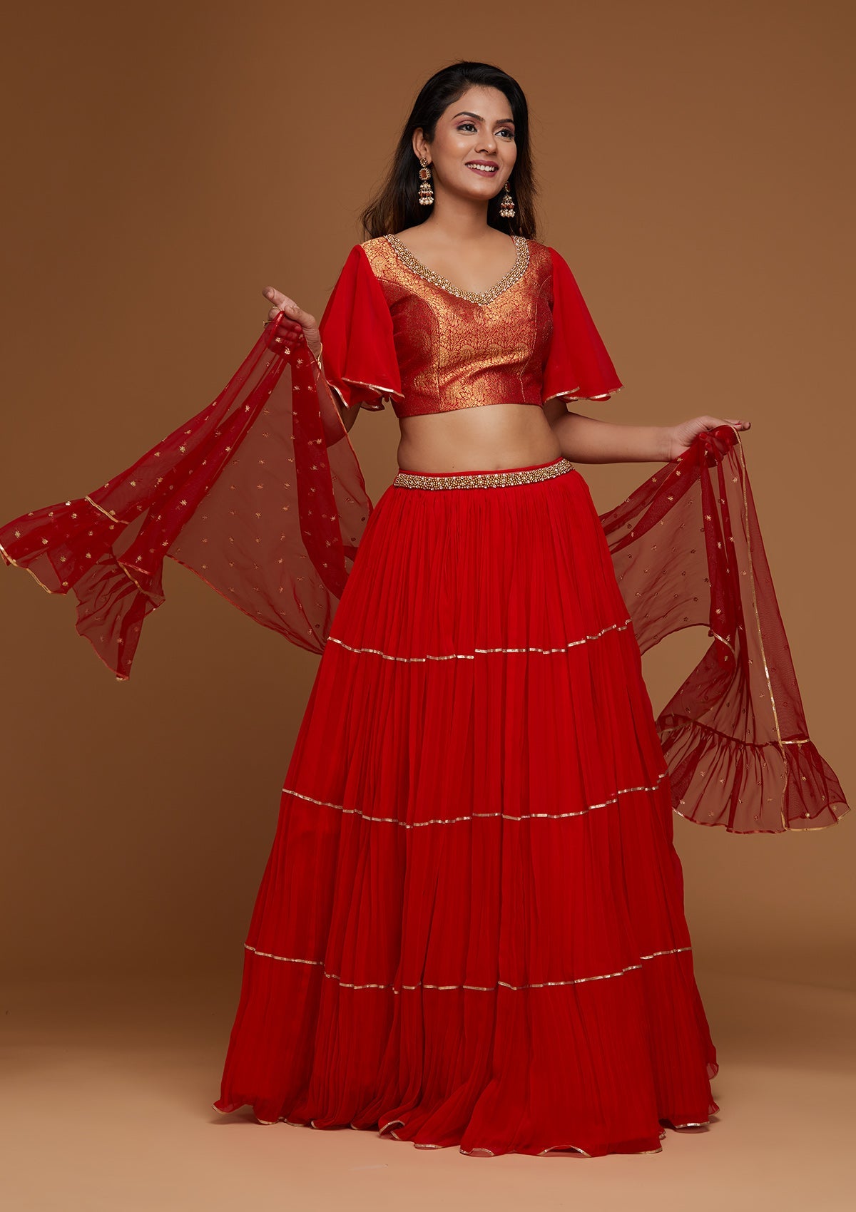 Red Stonework Georgette Readymade Lehenga