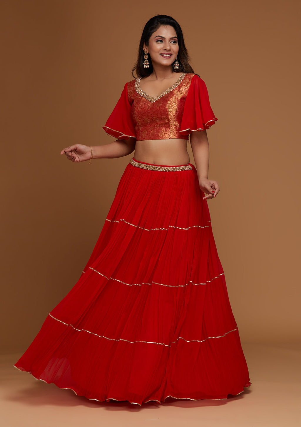 Red Stonework Georgette Readymade Lehenga