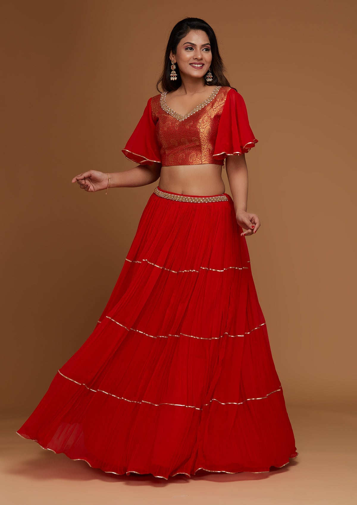 Red Stonework Georgette Readymade Lehenga