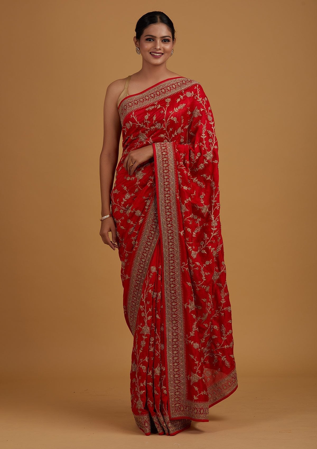 Red Stone Work Raw Silk Saree