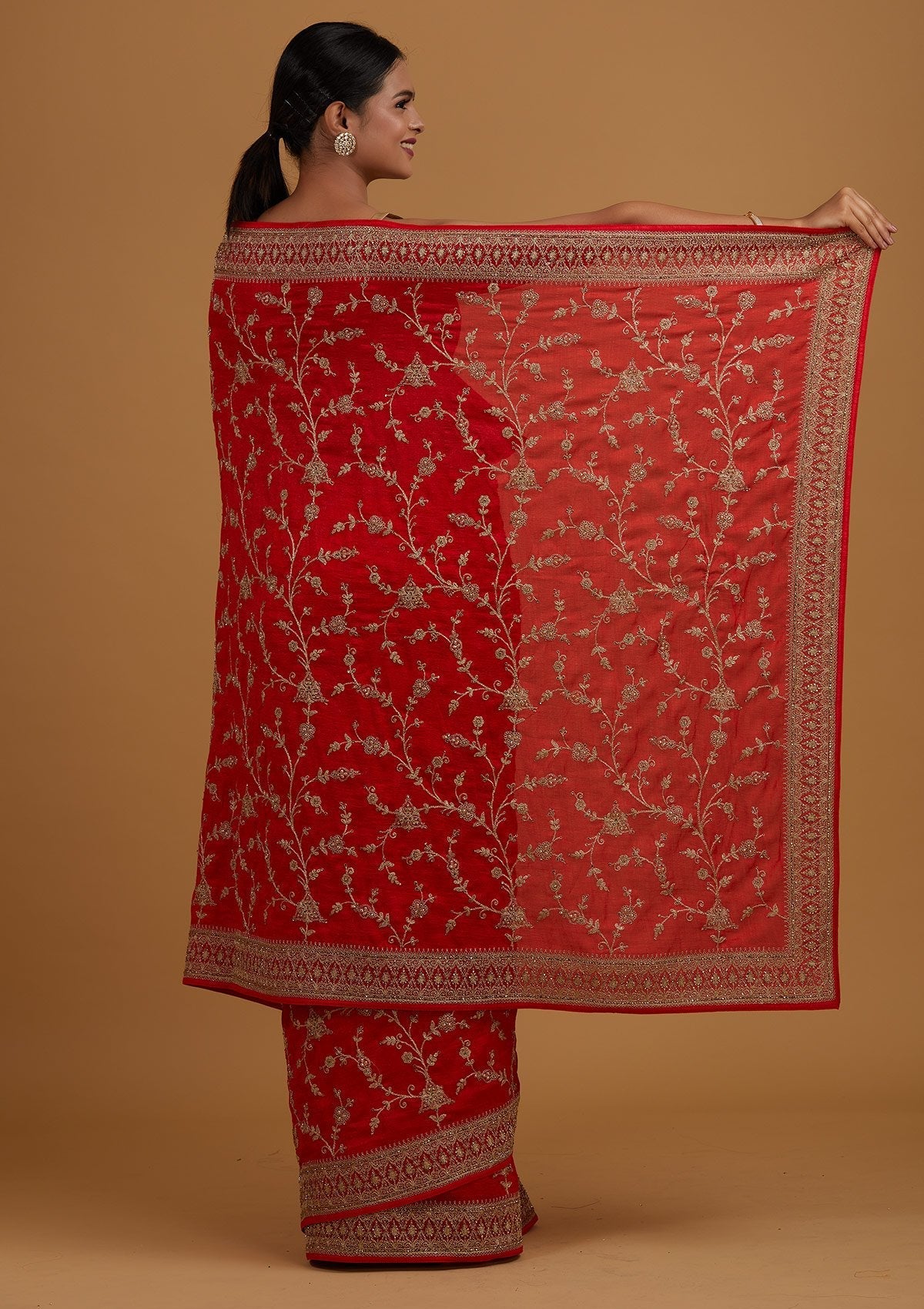 Red Stone Work Raw Silk Saree