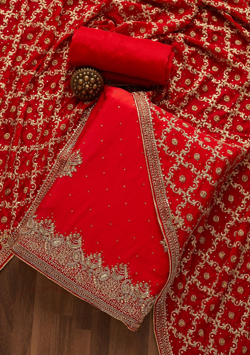 Red Stonework Semi Crepe Unstitched Salwar Suit