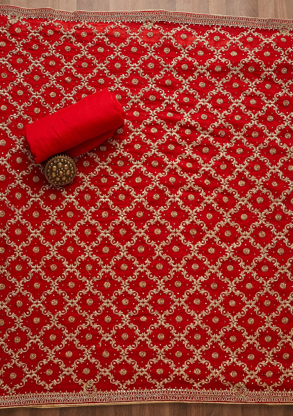Red Stonework Semi Crepe Unstitched Salwar Suit