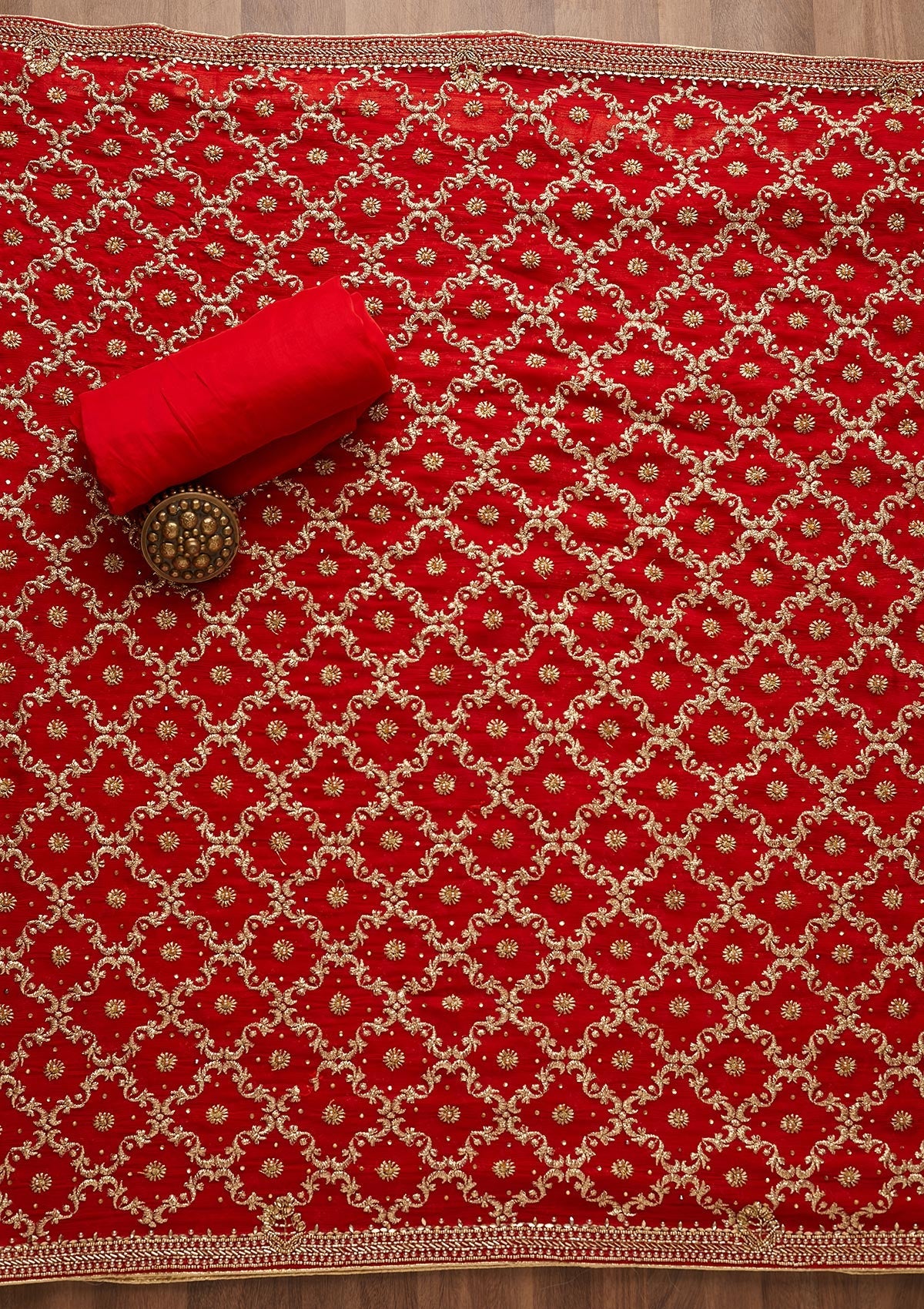 Red Stonework Semi Crepe Unstitched Salwar Suit