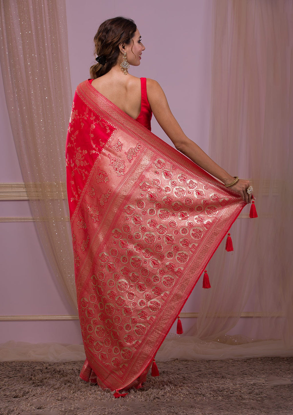 Red Swarovski Banarasi Saree