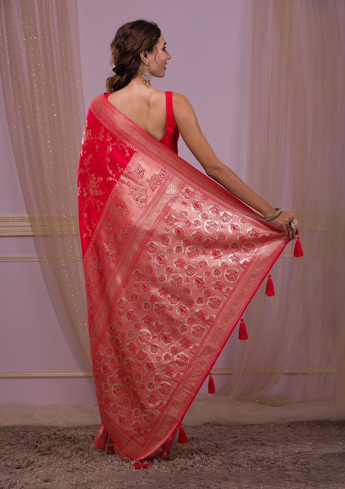 Red Swarovski Banarasi Saree