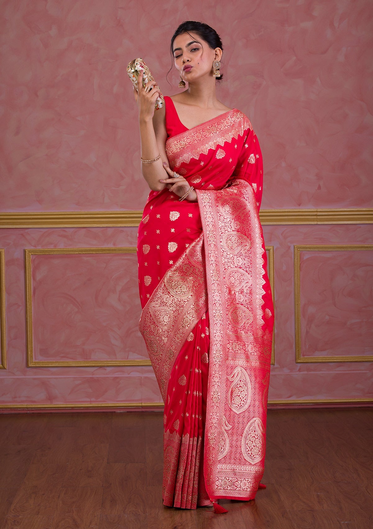 Red Swarovski Banarasi Saree