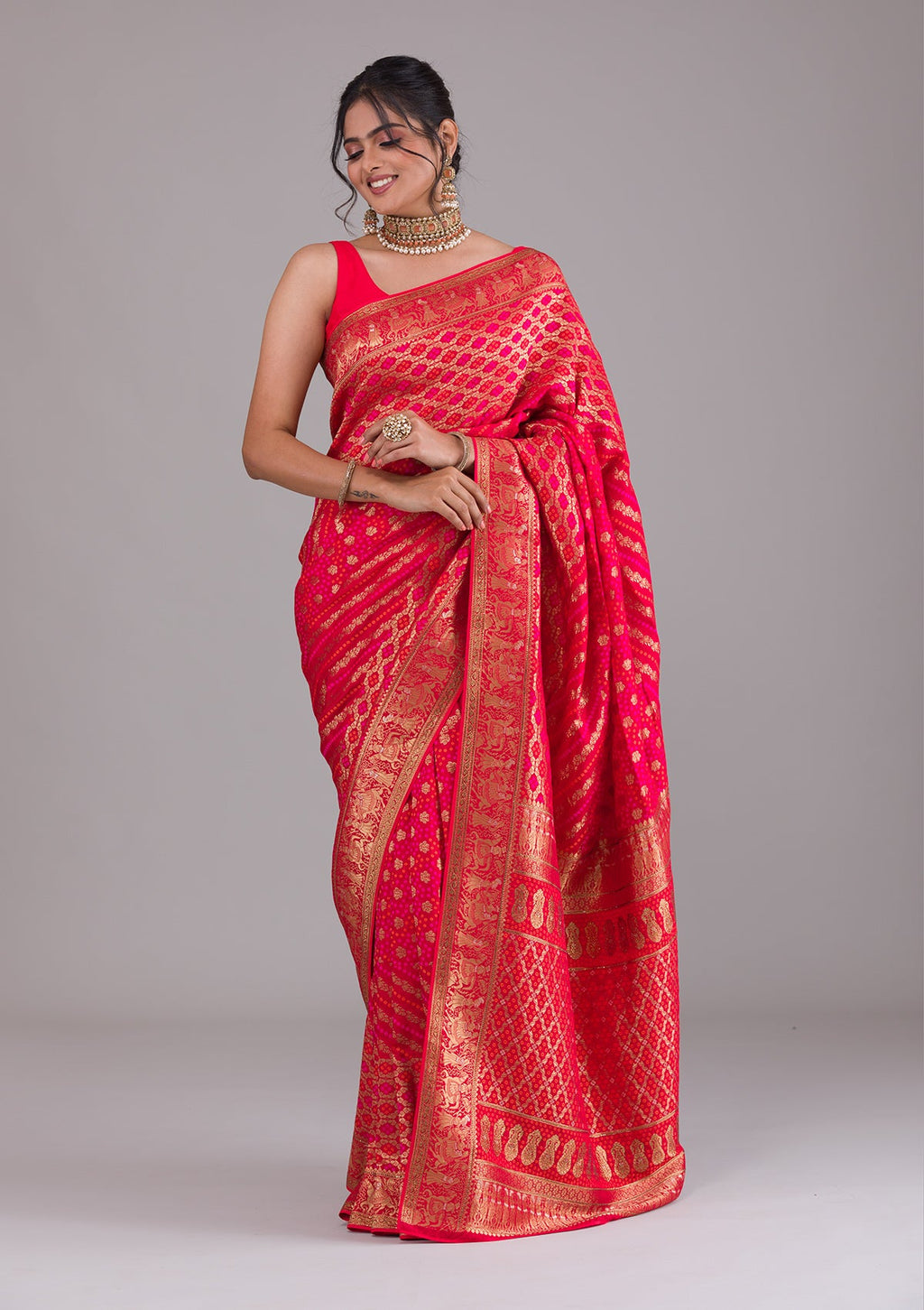 Red Swarovski Raw Silk Saree