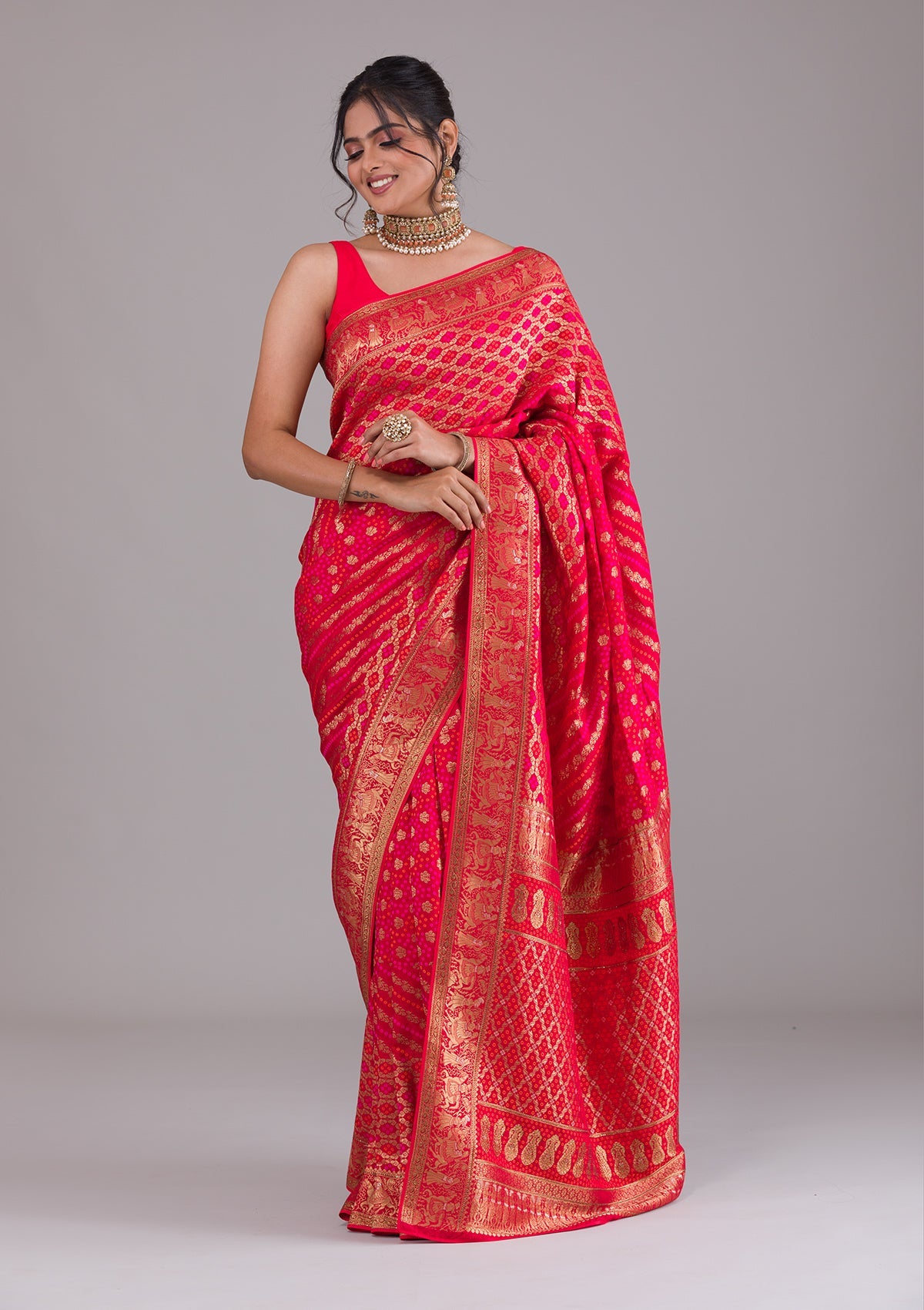 Red Swarovski Raw Silk Saree