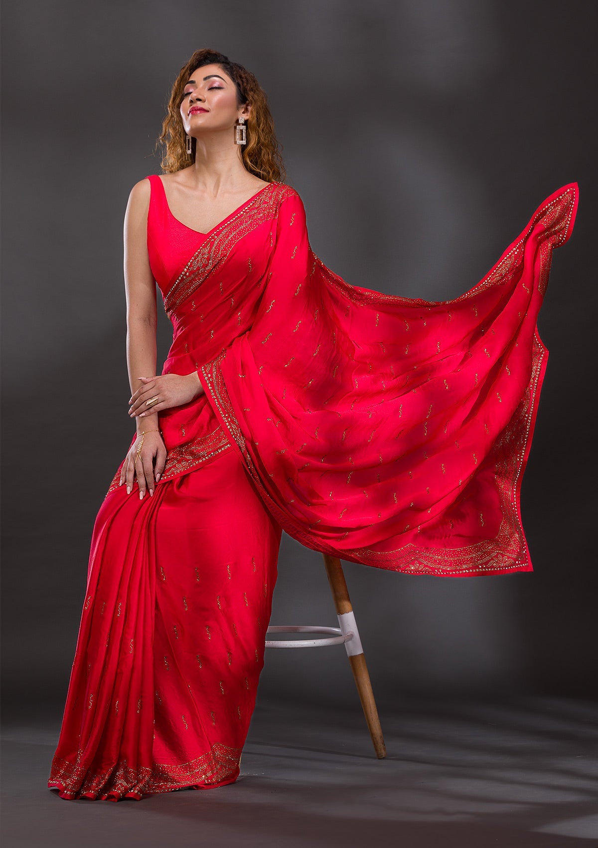 Red Swarovski Satin Saree