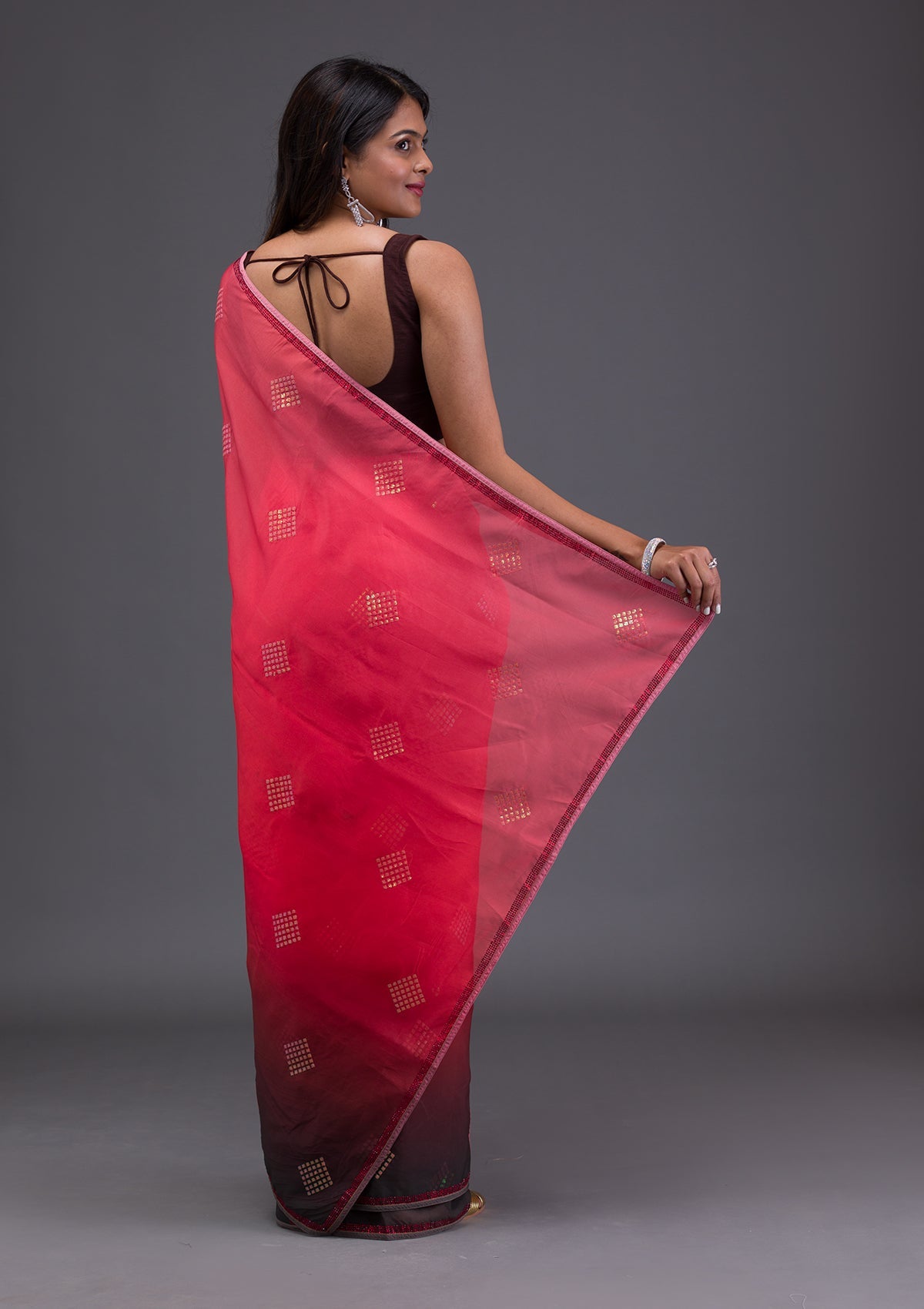 Red Swarovski Satin Saree