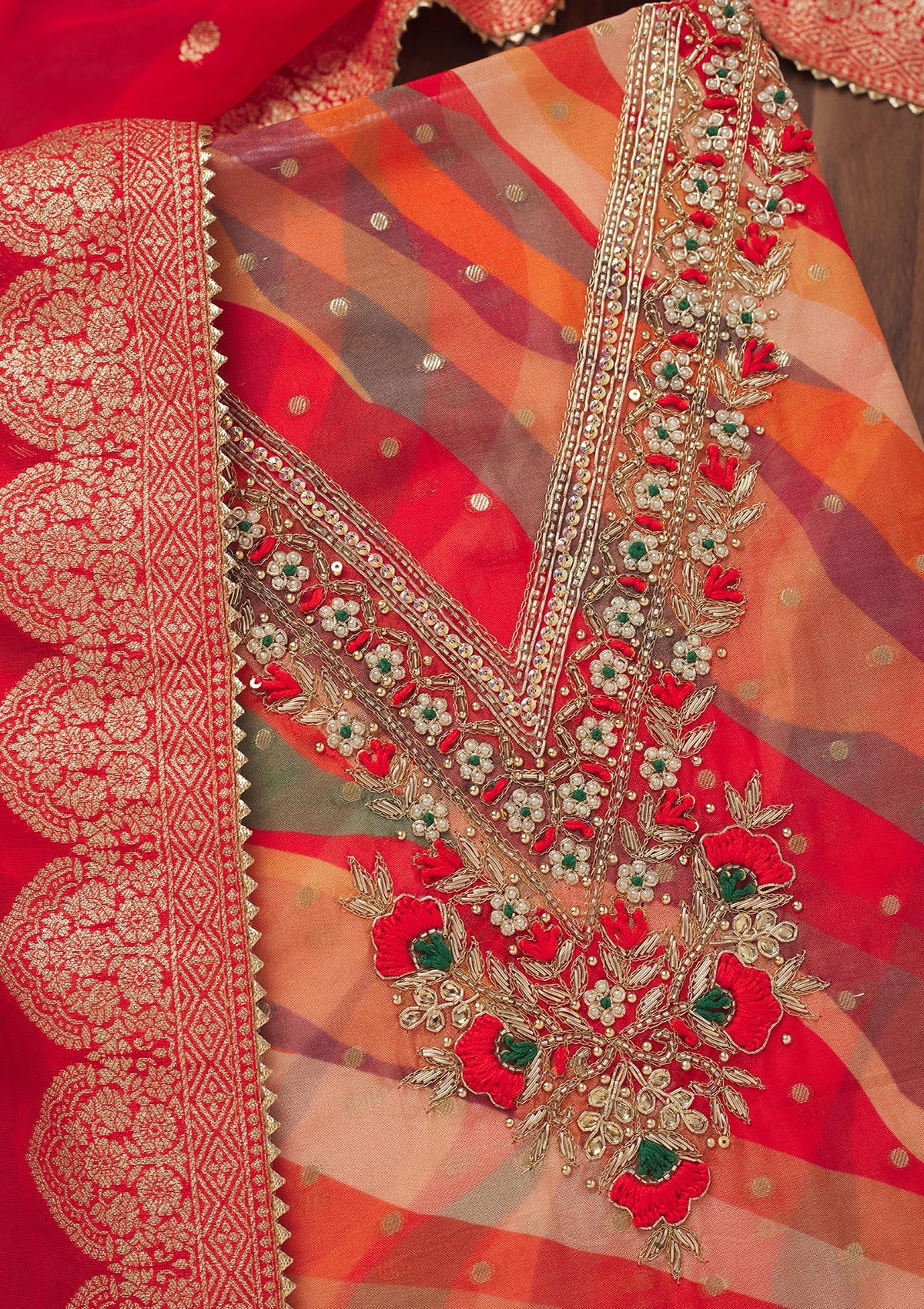 Red Threadwork Chiffon Unstitched Salwar Suit