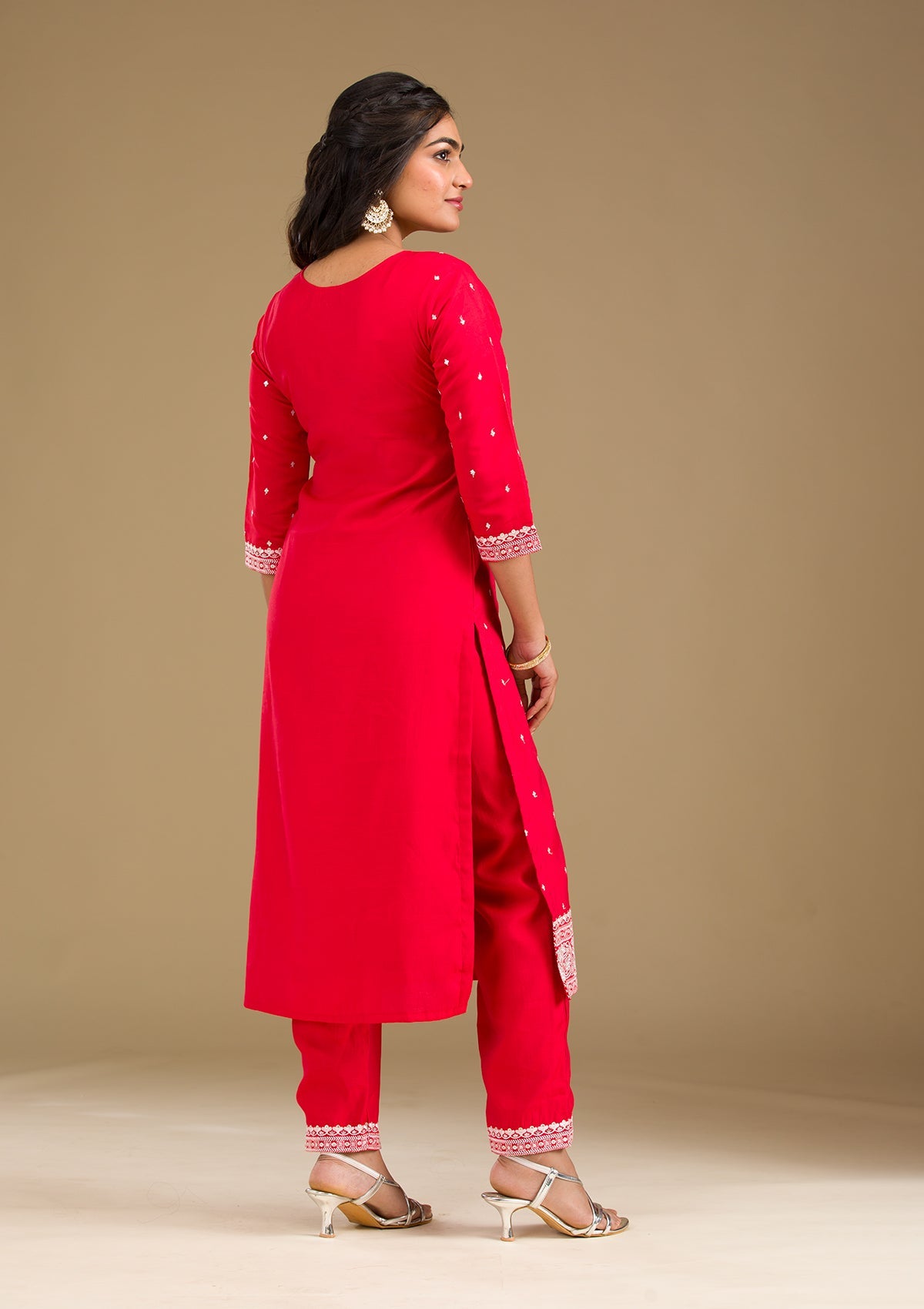 Red Threadwork Semi Crepe Readymade Salwar Suit