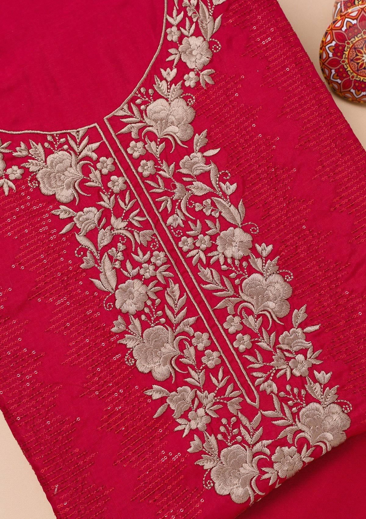 Red Threadwork Semi Crepe Unstitched Salwar Suit