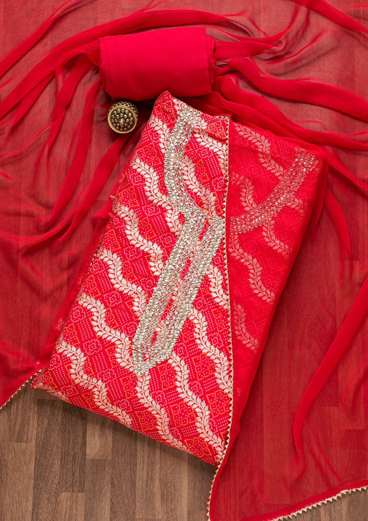 Red Zardosi Bandhini Unstitched Salwar Suit