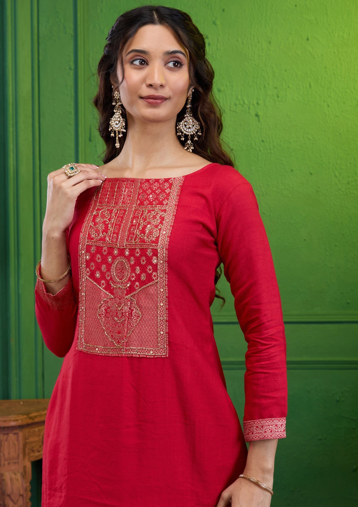 Red Zariwork Semi Crepe Readymade Salwar Suit