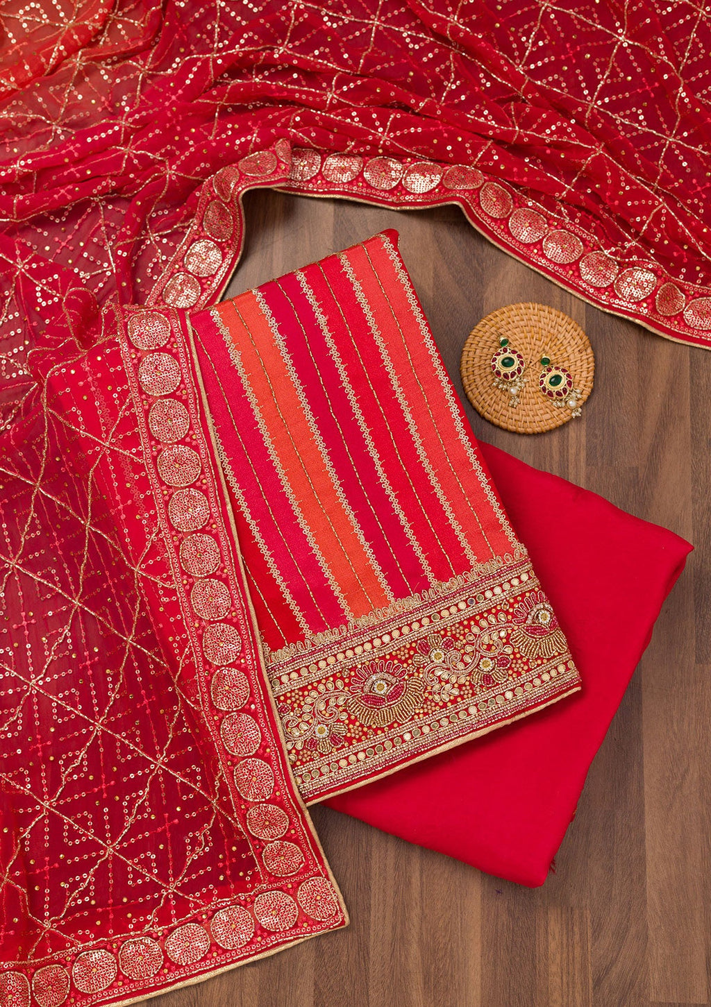 Red Zariwork Semi Crepe Unstitched Salwar Suit