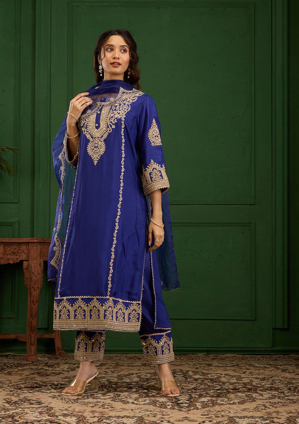 Royal Blue Zariwork Semi Crepe Readymade Salwar Suit