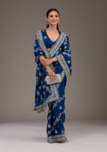 Royal Blue Threadwork Satin Saree