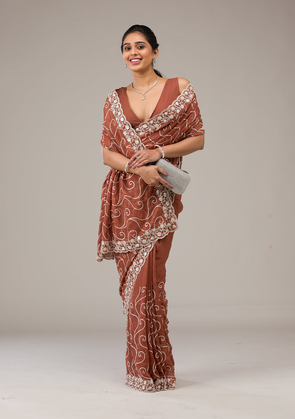 Rust Sequins Tissue Saree