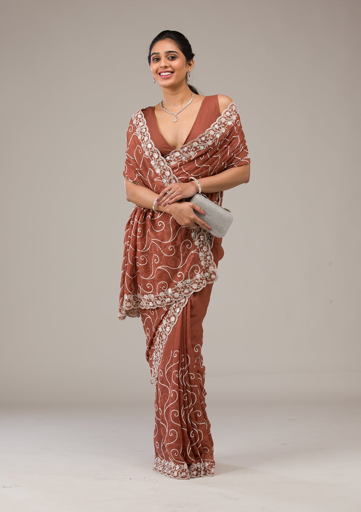 Rust Sequins Tissue Saree
