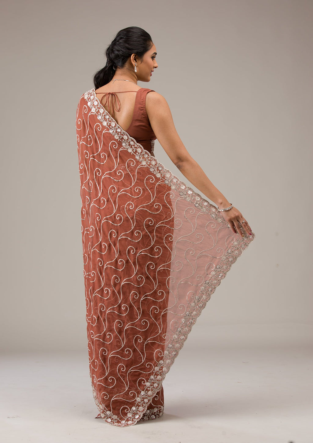 Rust Sequins Tissue Saree