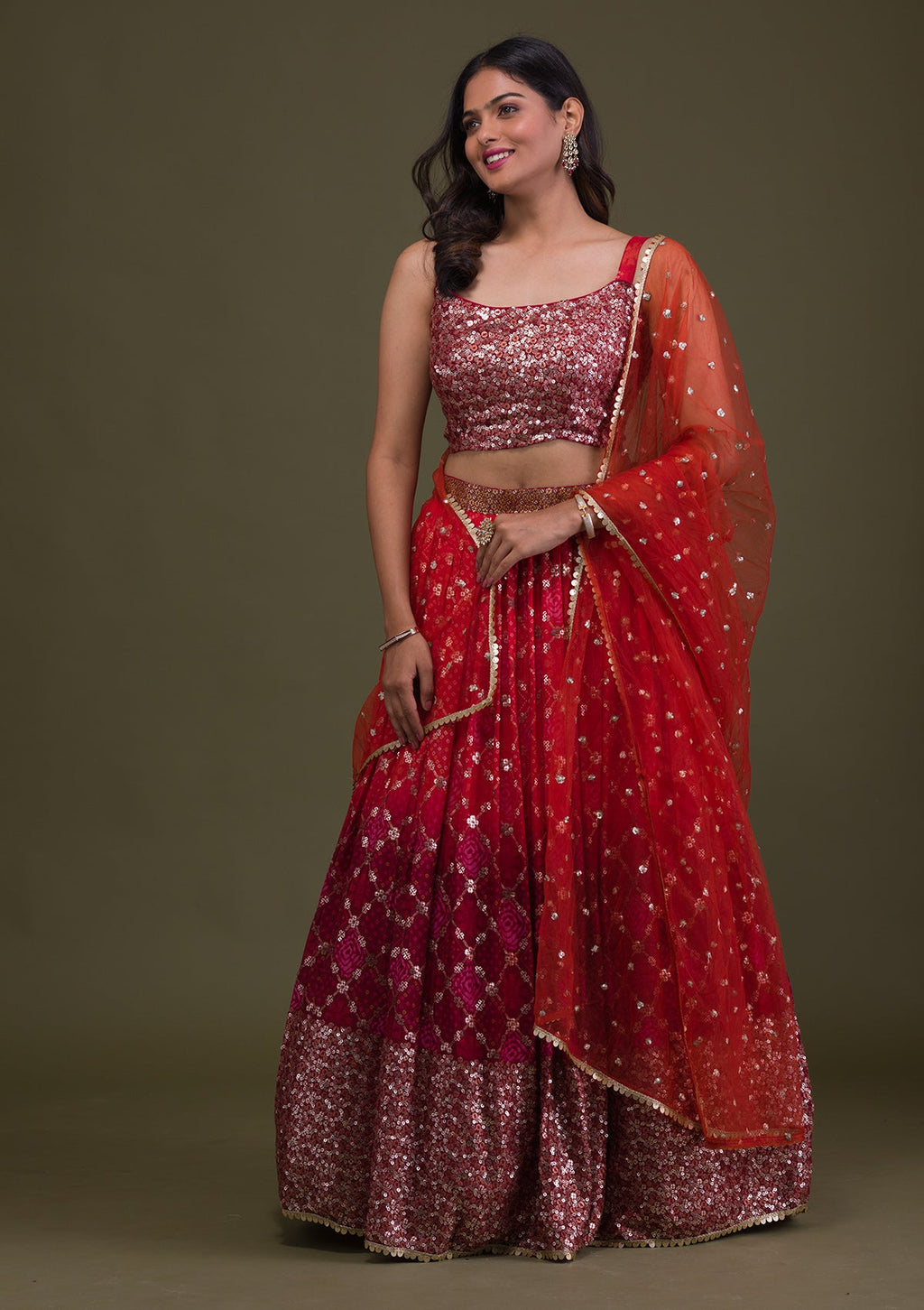 Rust Sequins Semi Crepe Readymade Lehenga