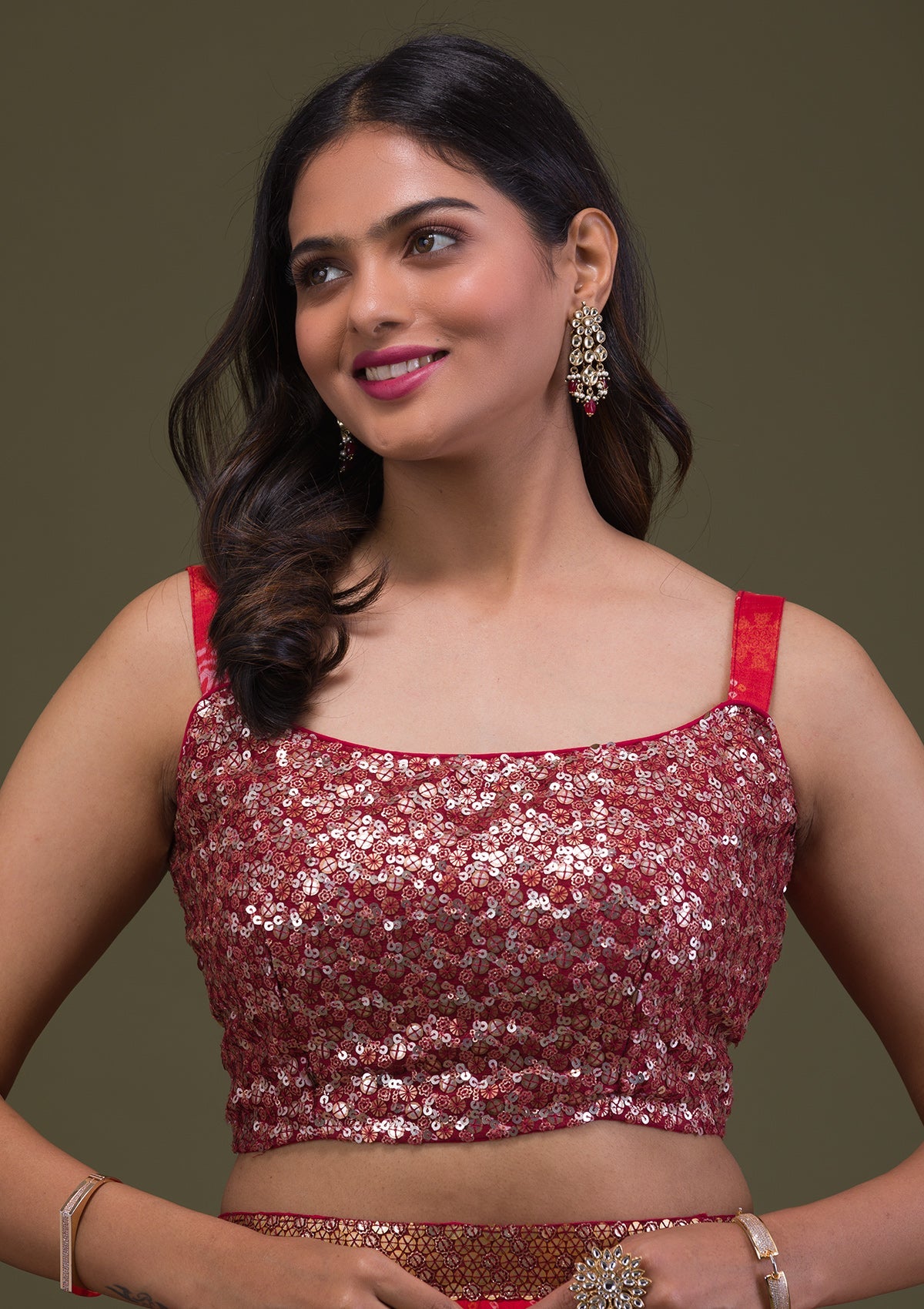 Rust Sequins Semi Crepe Readymade Lehenga