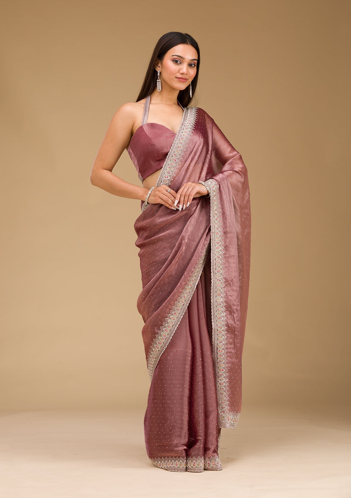 Rust Stonework Chiffon Saree