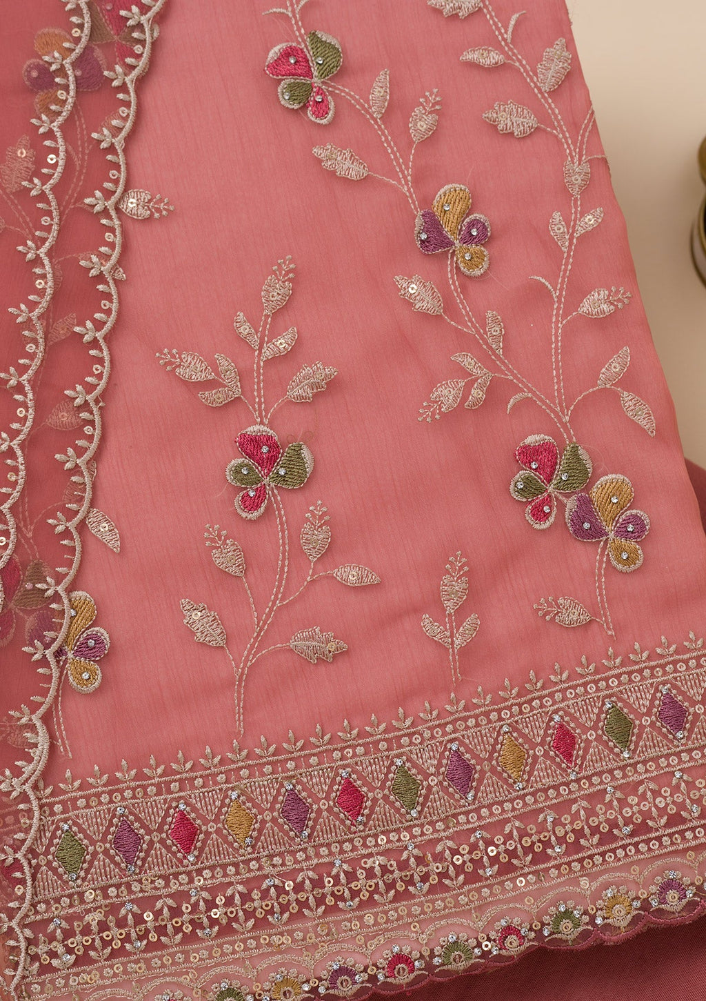 Rust Threadwork Tissue Unstitched Salwar Suit
