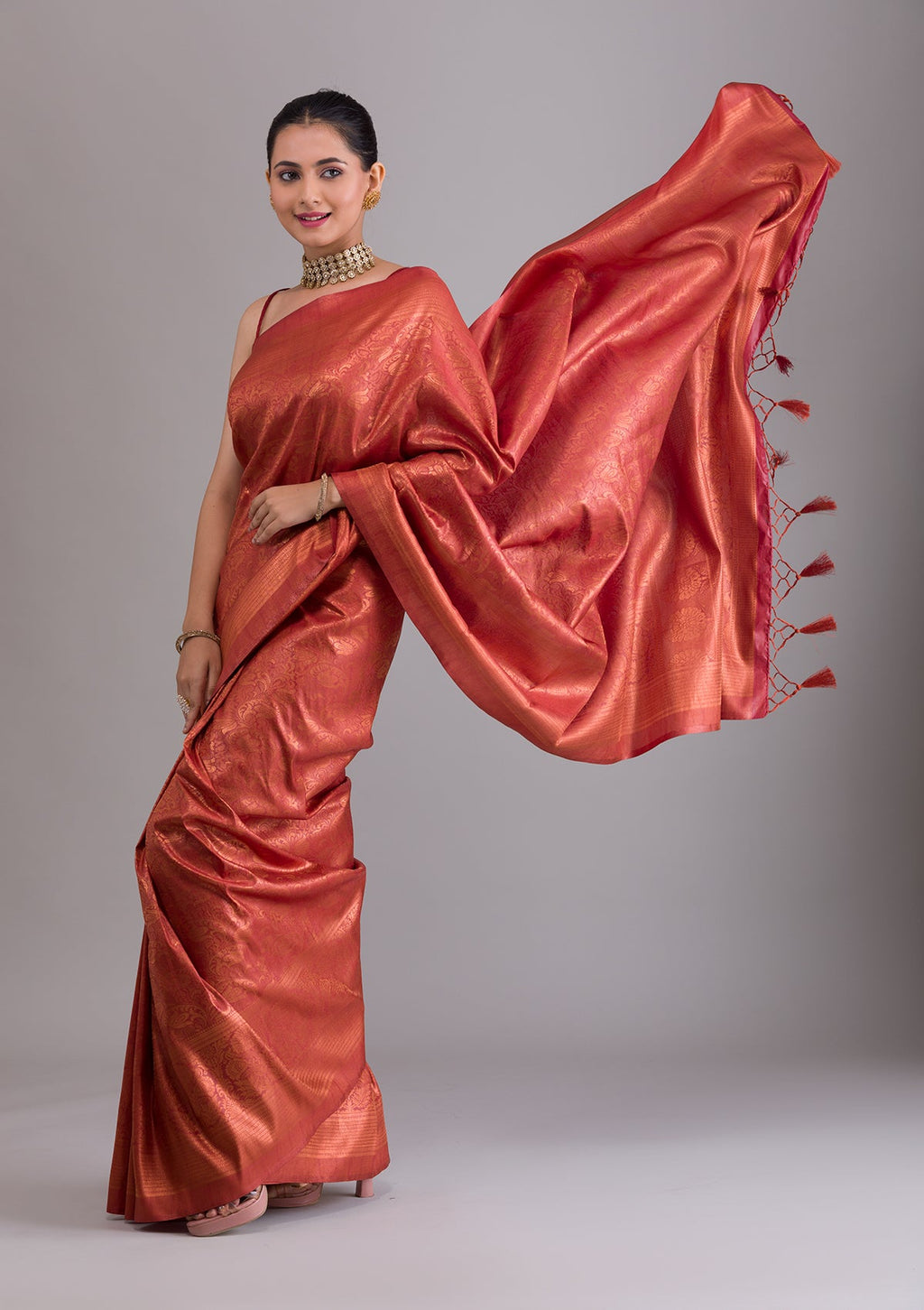 Rust Zariwork Soft Silk Saree