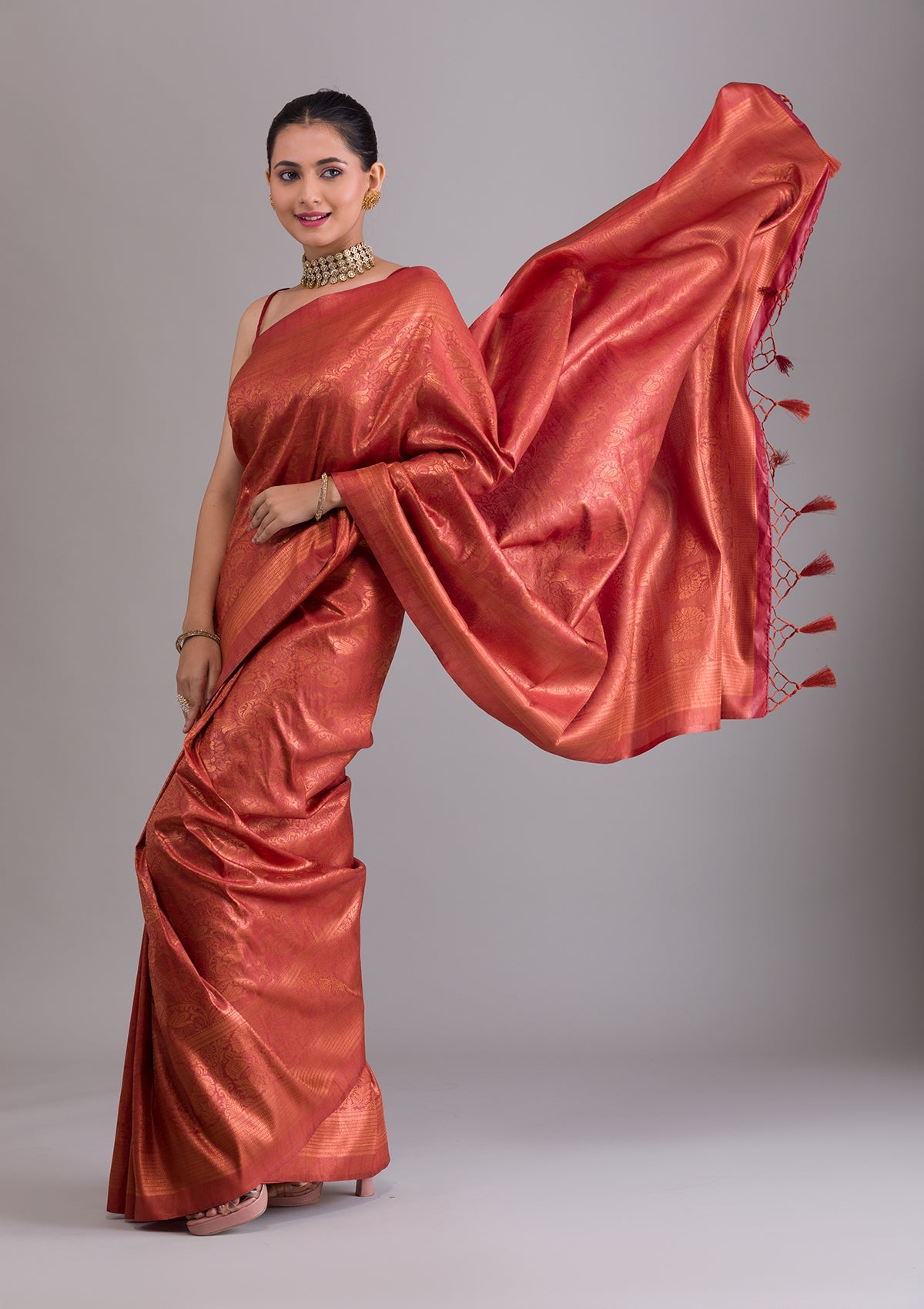 Rust Zariwork Soft Silk Saree