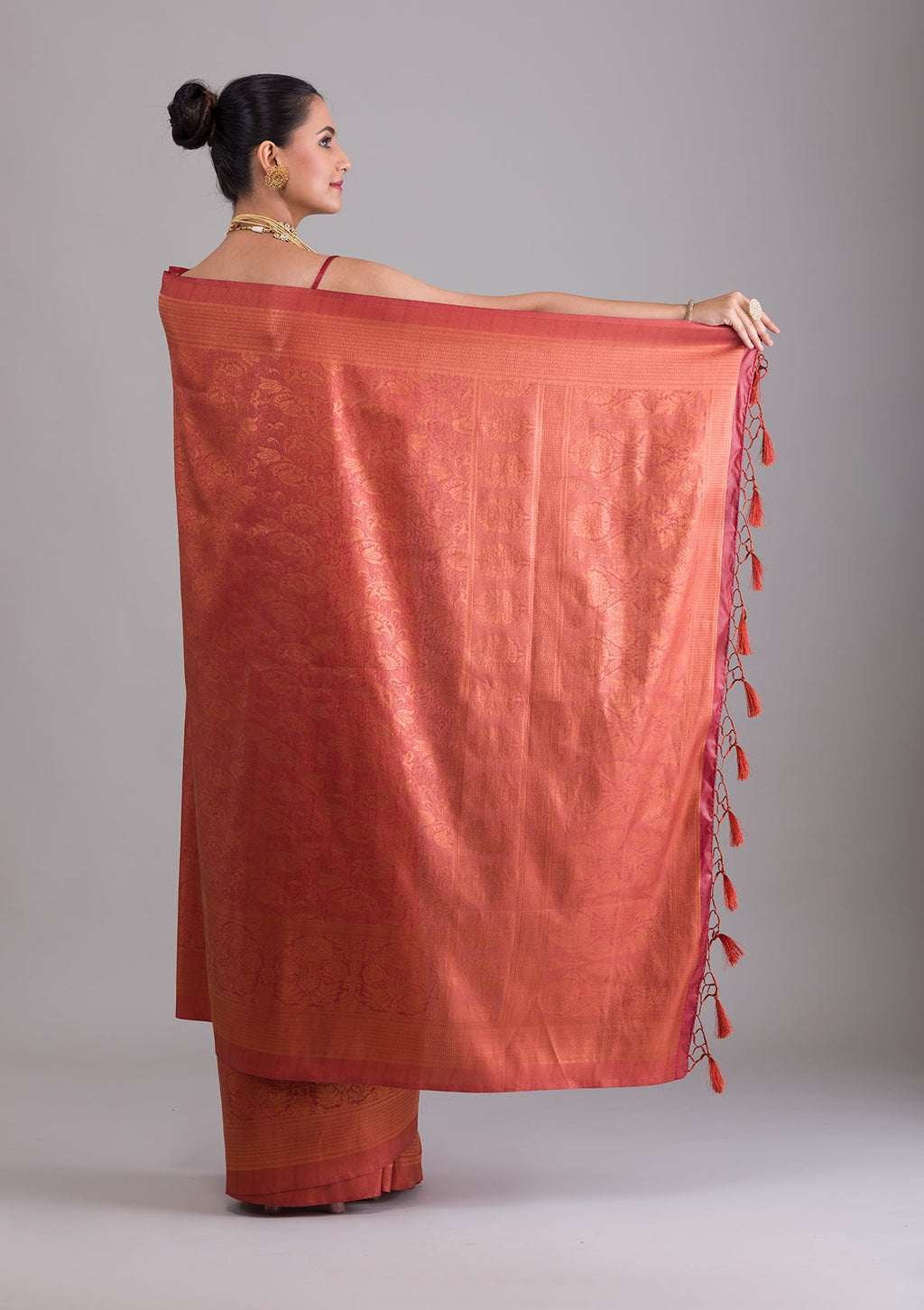 Rust Zariwork Soft Silk Saree