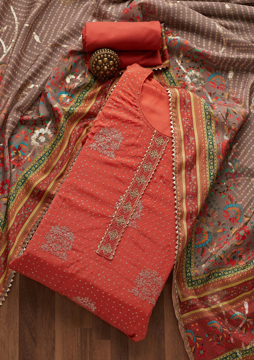 Rust Zariwork Chanderi Unstitched Salwar Suit