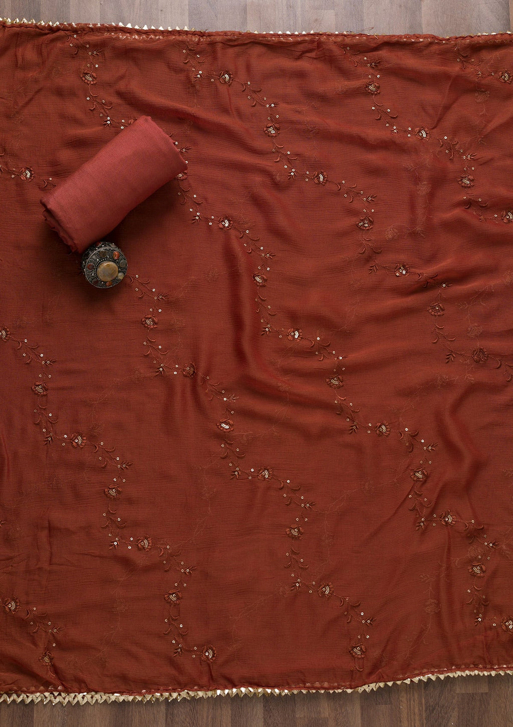 Rust Zariwork Semi Crepe Unstitched Salwar Suit