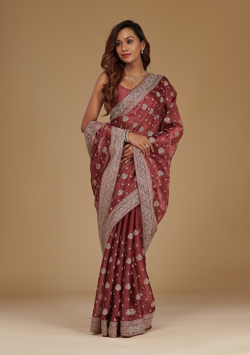 Rust Zariwork Tissue Saree