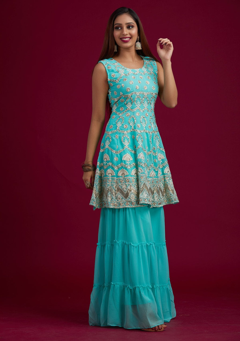 Sea Green Sequins Georgette Designer Salwar-Suit