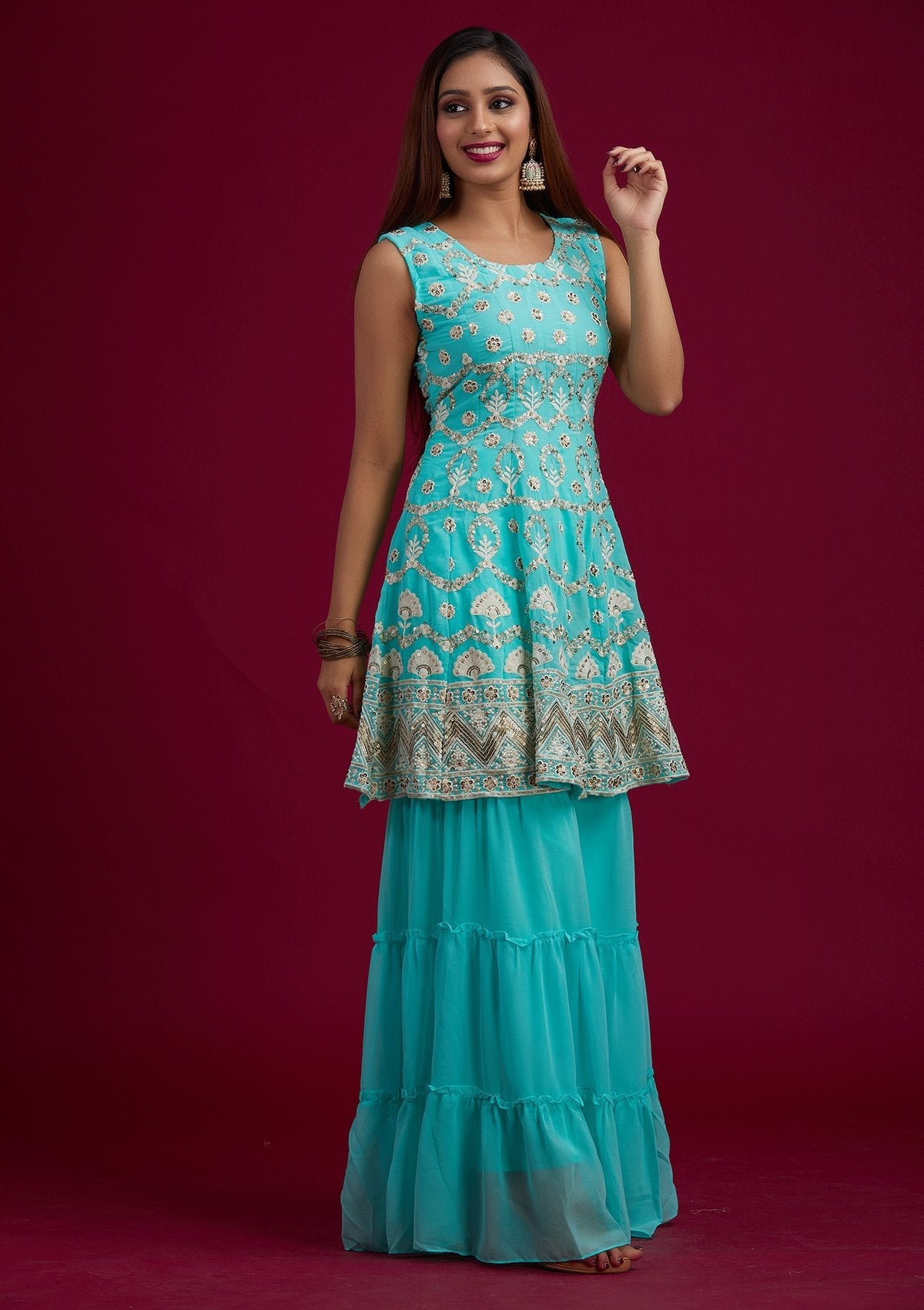 Sea Green Sequins Georgette Designer Salwar-Suit
